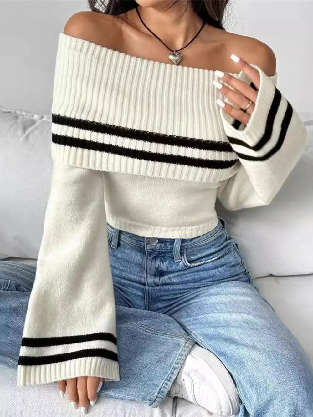 Ribbed Off-Shoulder Striped Knit Top, image 4