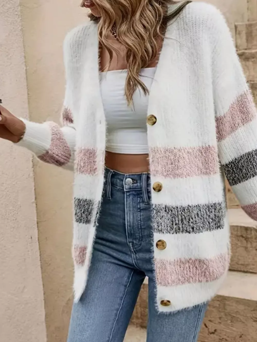 Striped Fuzzy Knit Button-Up Cardigan, image 4