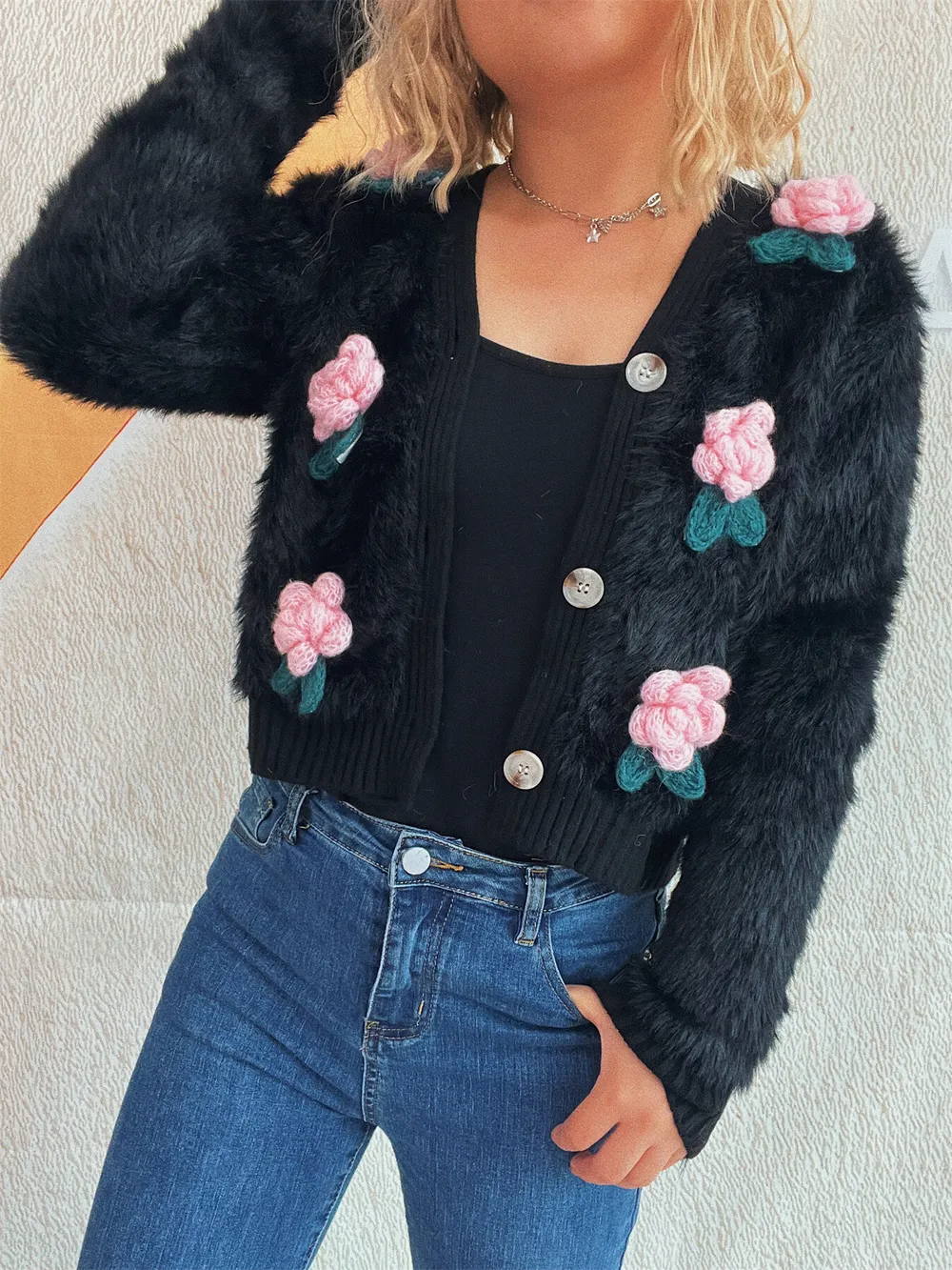 Flower Fuzzy Button-Up Cardigan, image 8