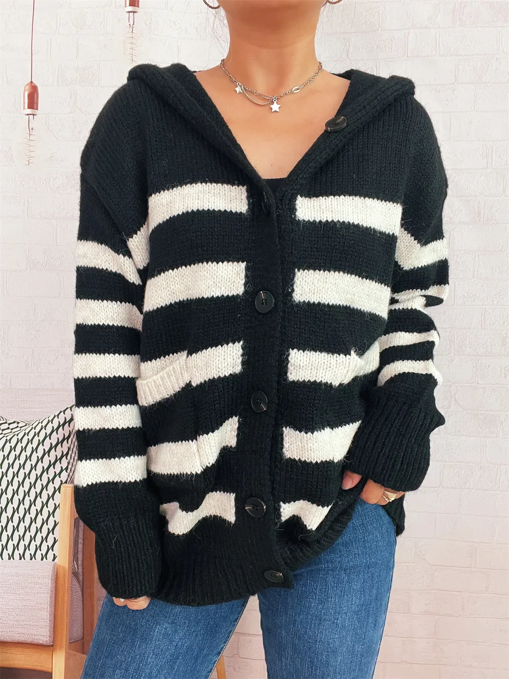 Striped Button-Up Hooded Cardigan, image 8