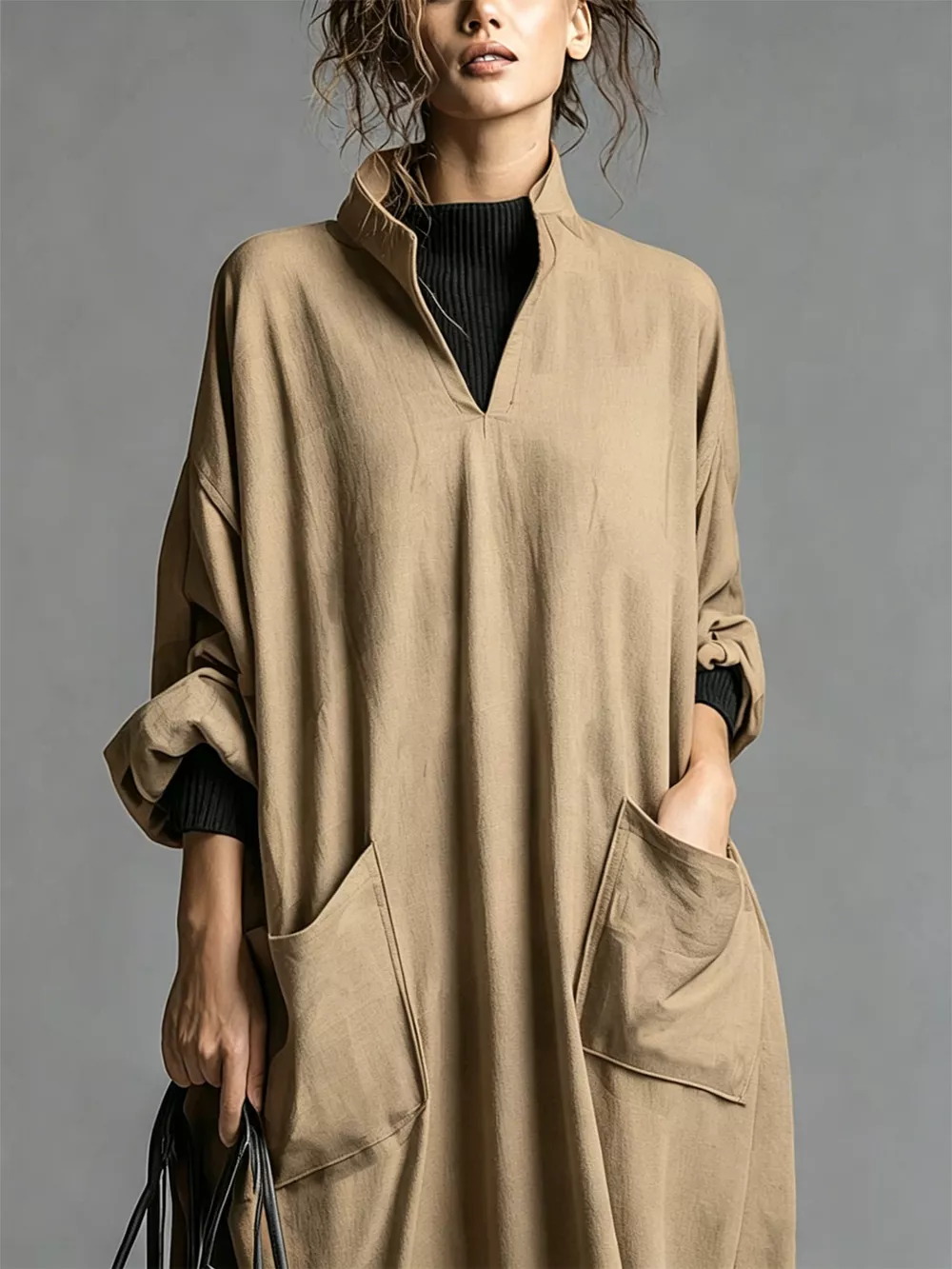 Full Size Loose-Fit Mock Neck Midi Dress with Pockets Plus Size, image 15