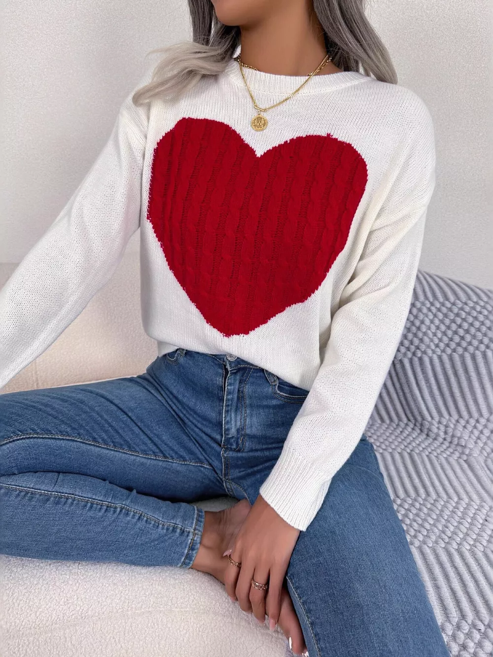 Cable Knit Heart Round Neck Sweater, image 16