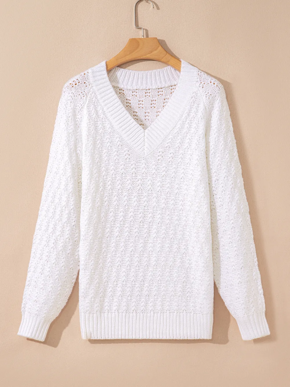 Textured Knit Ribbed Edge V Neck Loose Sweater, image 3