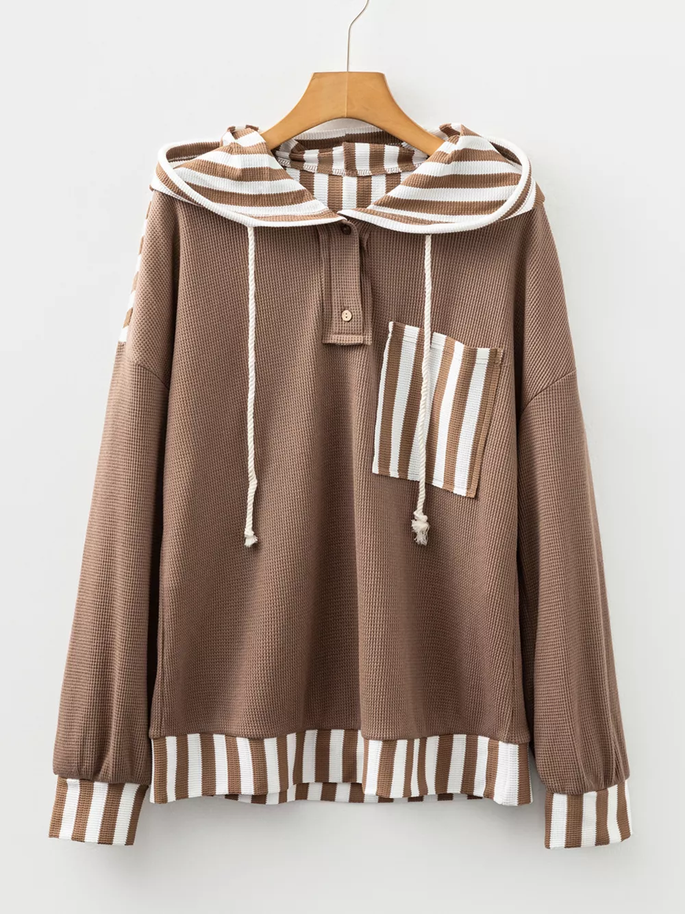 Waffle Texture Striped Patchwork Button Neck Drawstring Hoodie, image 3