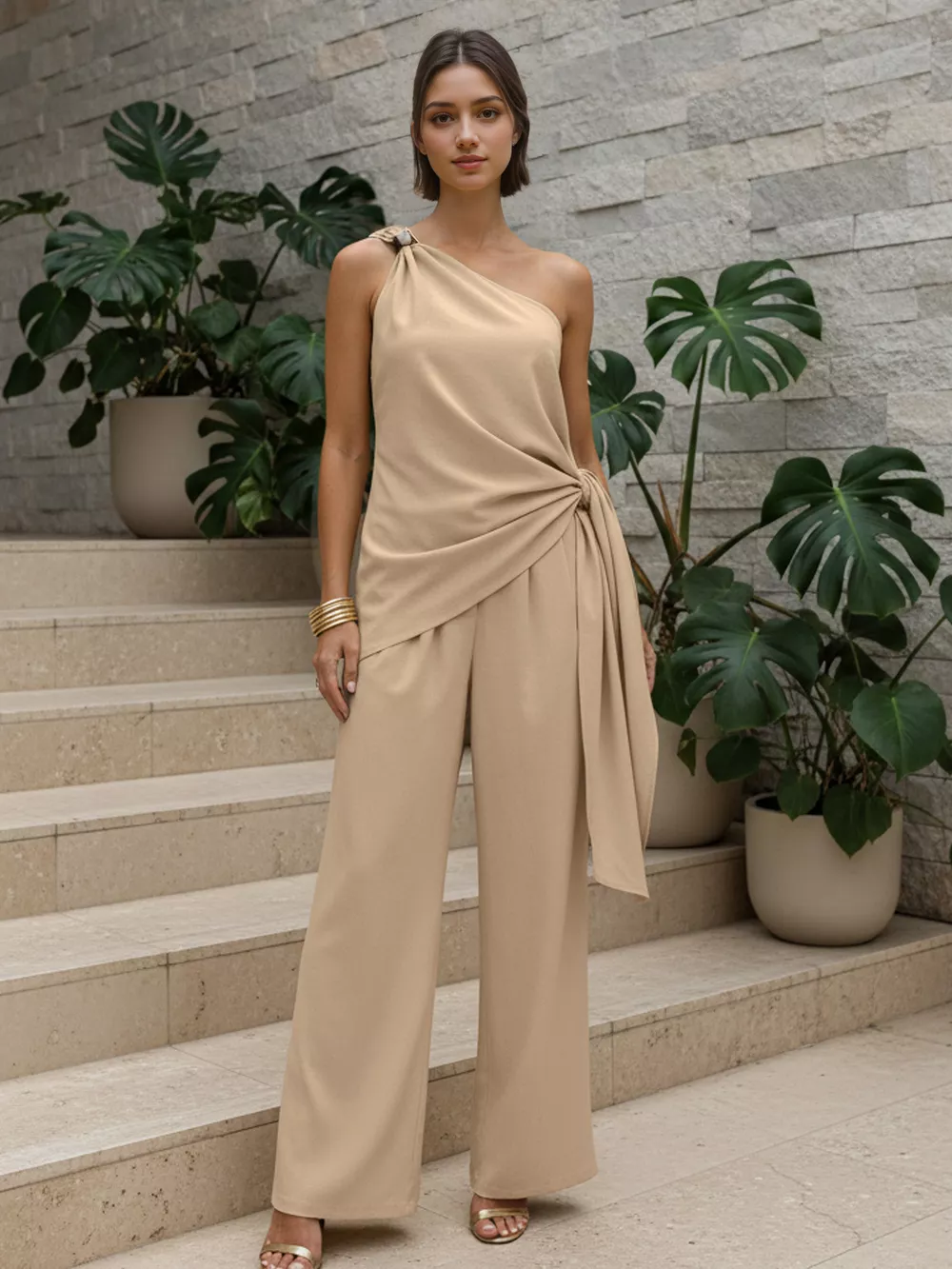One-Shoulder Tie-Waist Top and Wide-Leg Pants Set, image 4