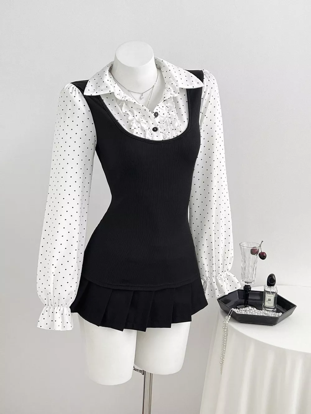 Polka Dot Flounce Sleeve Layered Look Blouse, image 2