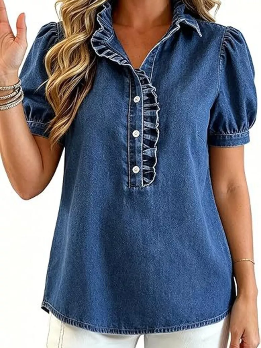 Frill Puff Sleeve Denim Top, image 13