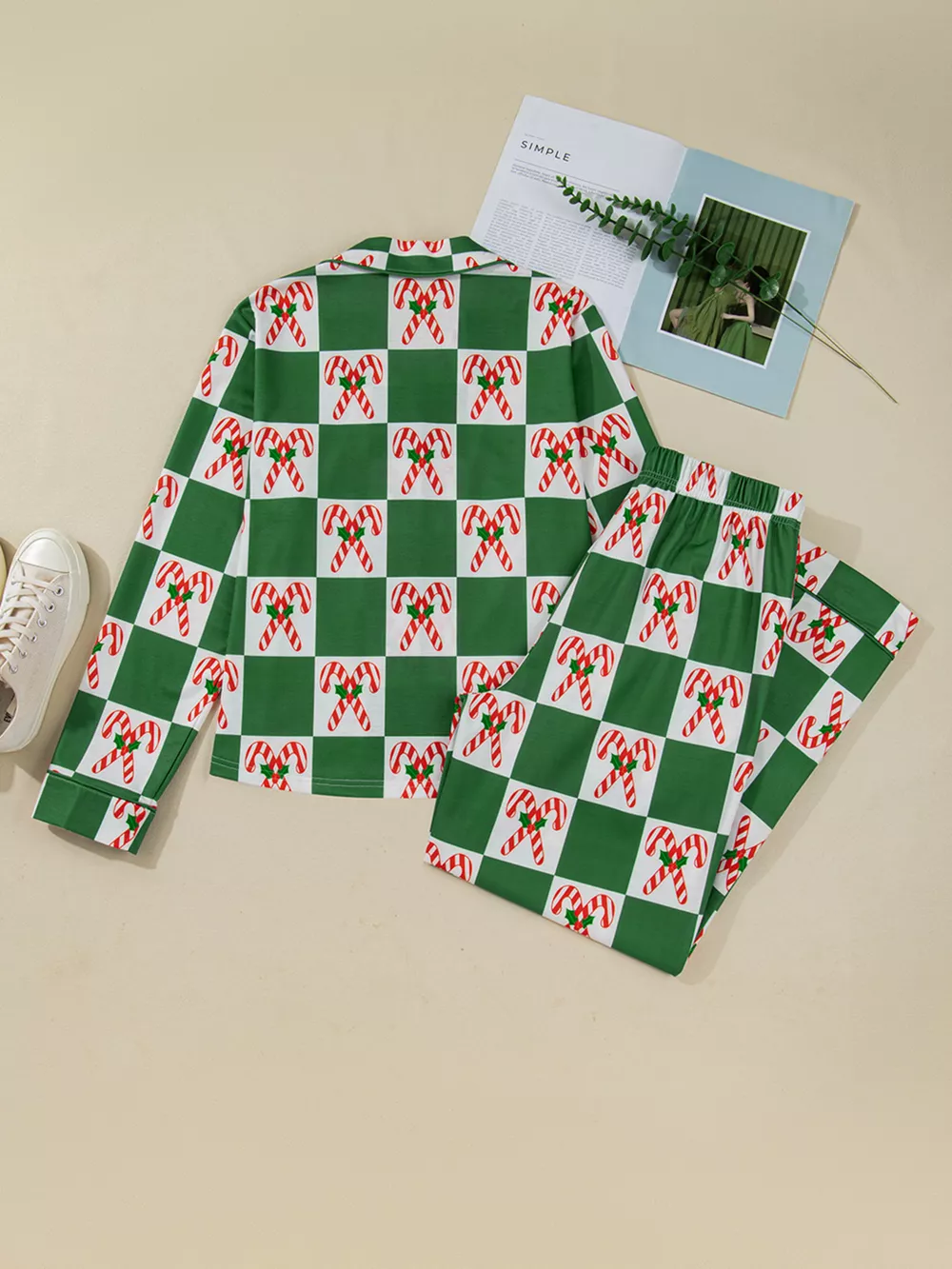 Candy Cane Checkered Pattern 2pcs Pajama Set, image 3