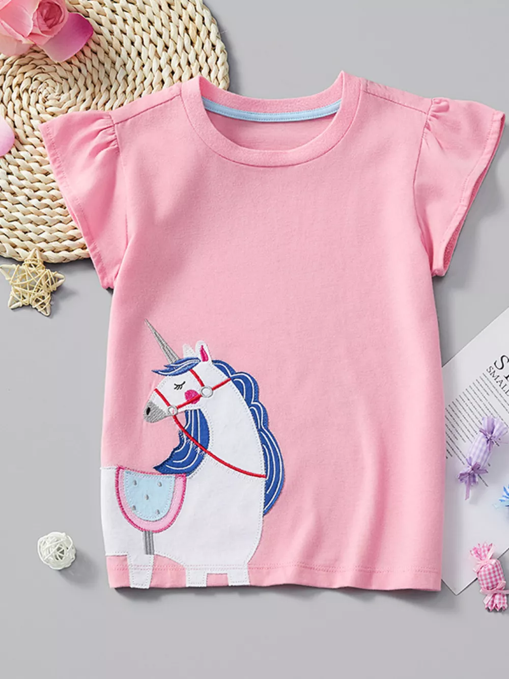 Children's Unicorn Embroidered Ruffle Sleeve T-Shirt