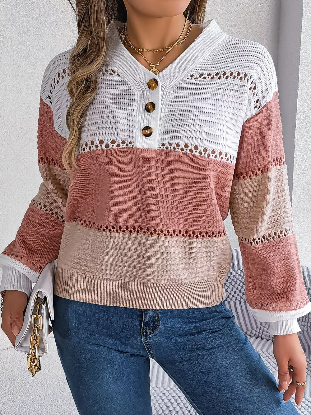 Color Block Striped V-Neck Button Detail Sweater, image 16