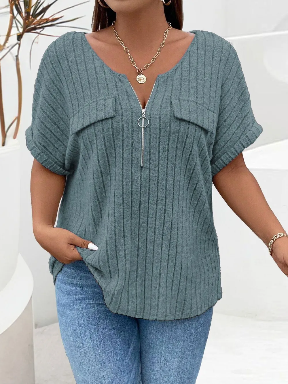 Plus Size Ribbed Half Zip Relaxed Fit T-Shirt, image 8