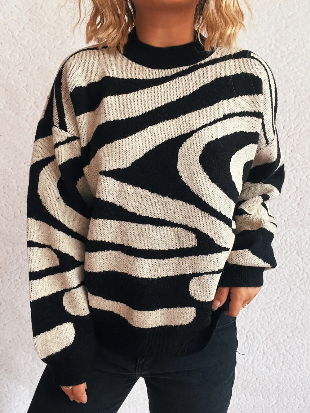 Zebra Print Round Neck Sweater, image 2