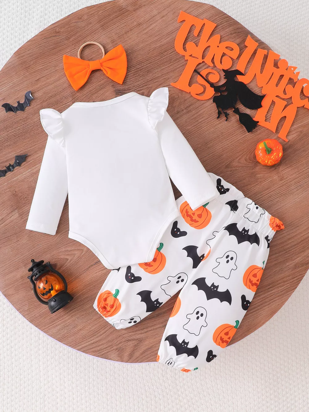 Children's Halloween Skull Print Long Sleeve Bodysuit and Pants Set with Bow Headband, image 11