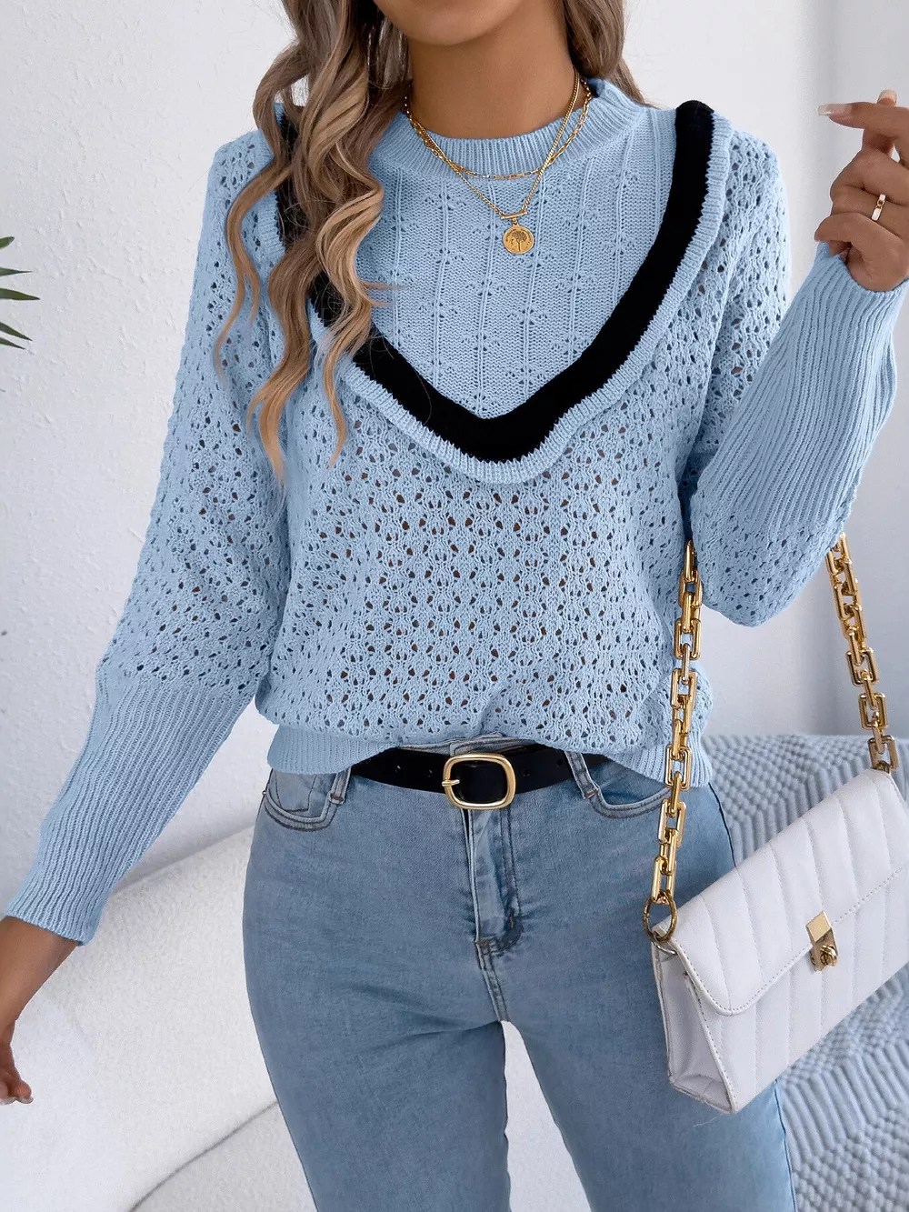 Hollow-Out Knit Top with Contrast Trim, image 4