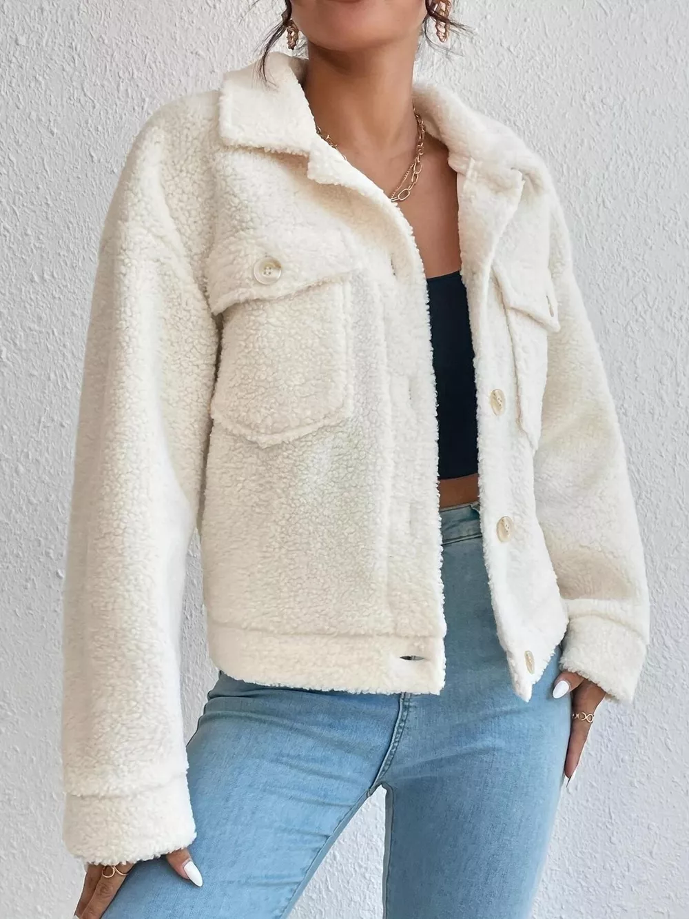 Full Size Cozy Faux Shearling Button-Up Jacket Plus Size