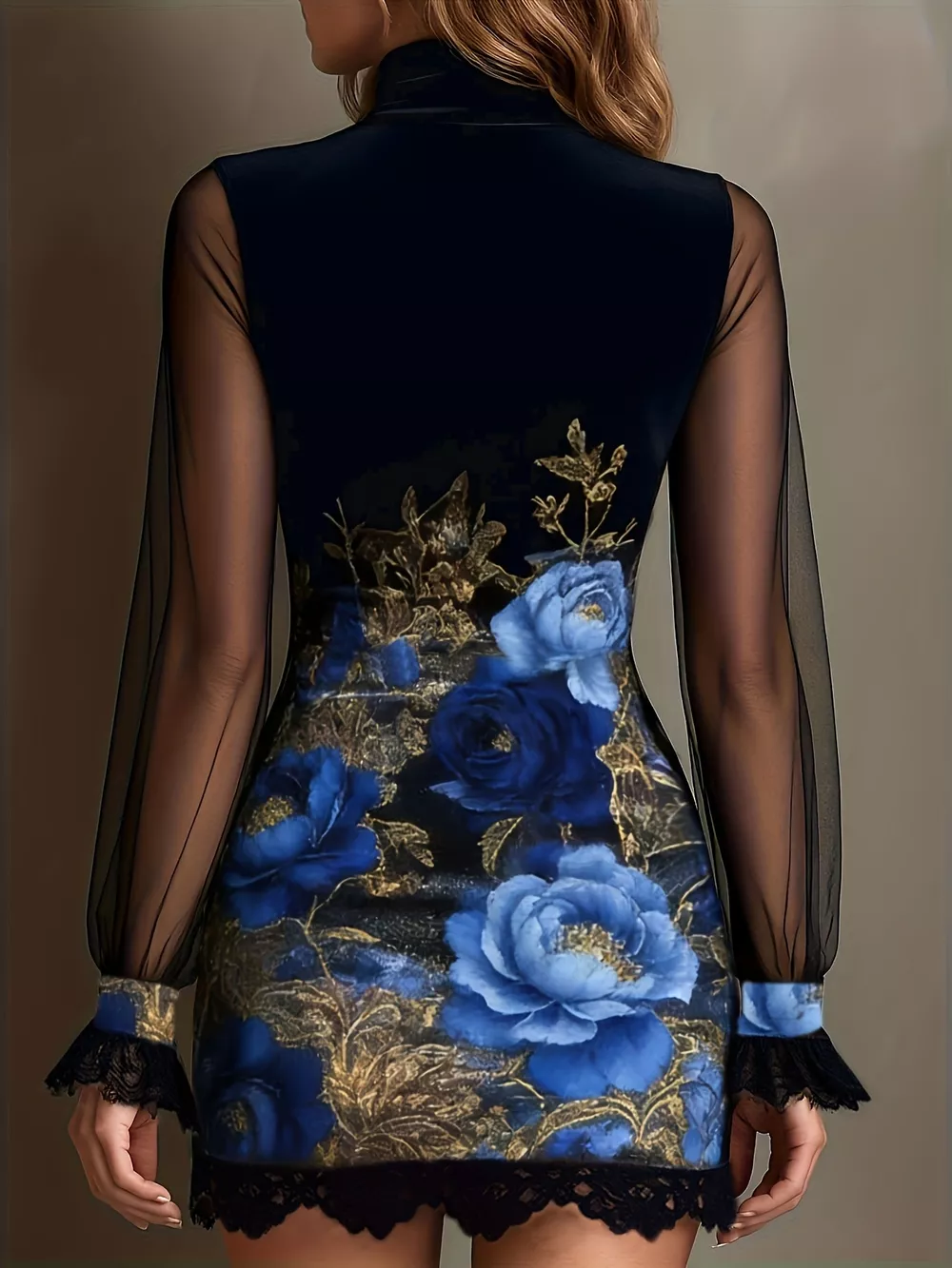 Floral Velvet Mini Dress with Sheer Mesh Sleeves, image 8