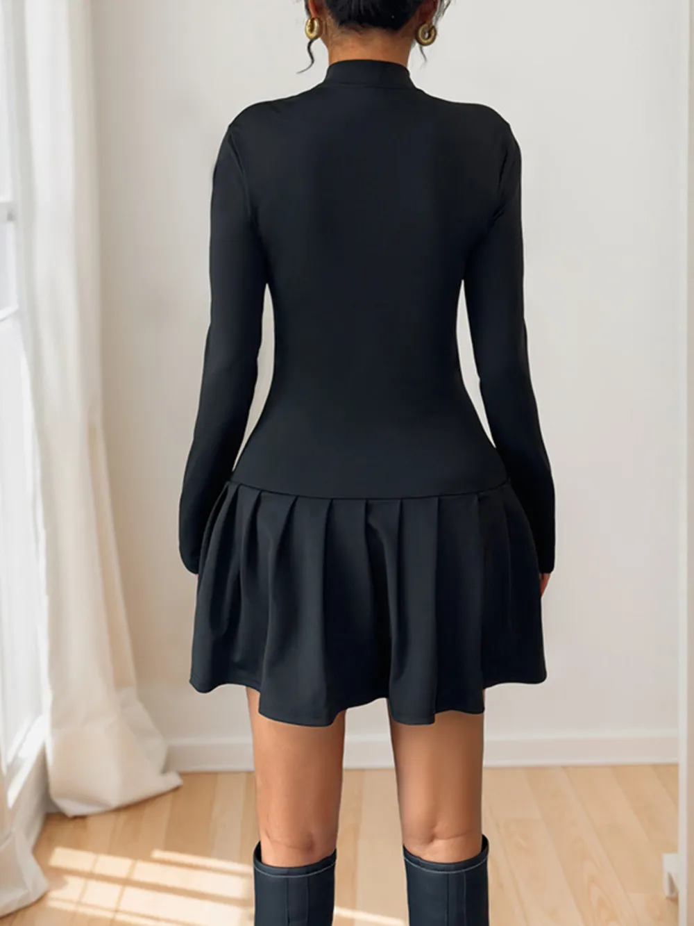 Decorative Button Mock Neck Long Sleeve Mini Dress, image 6