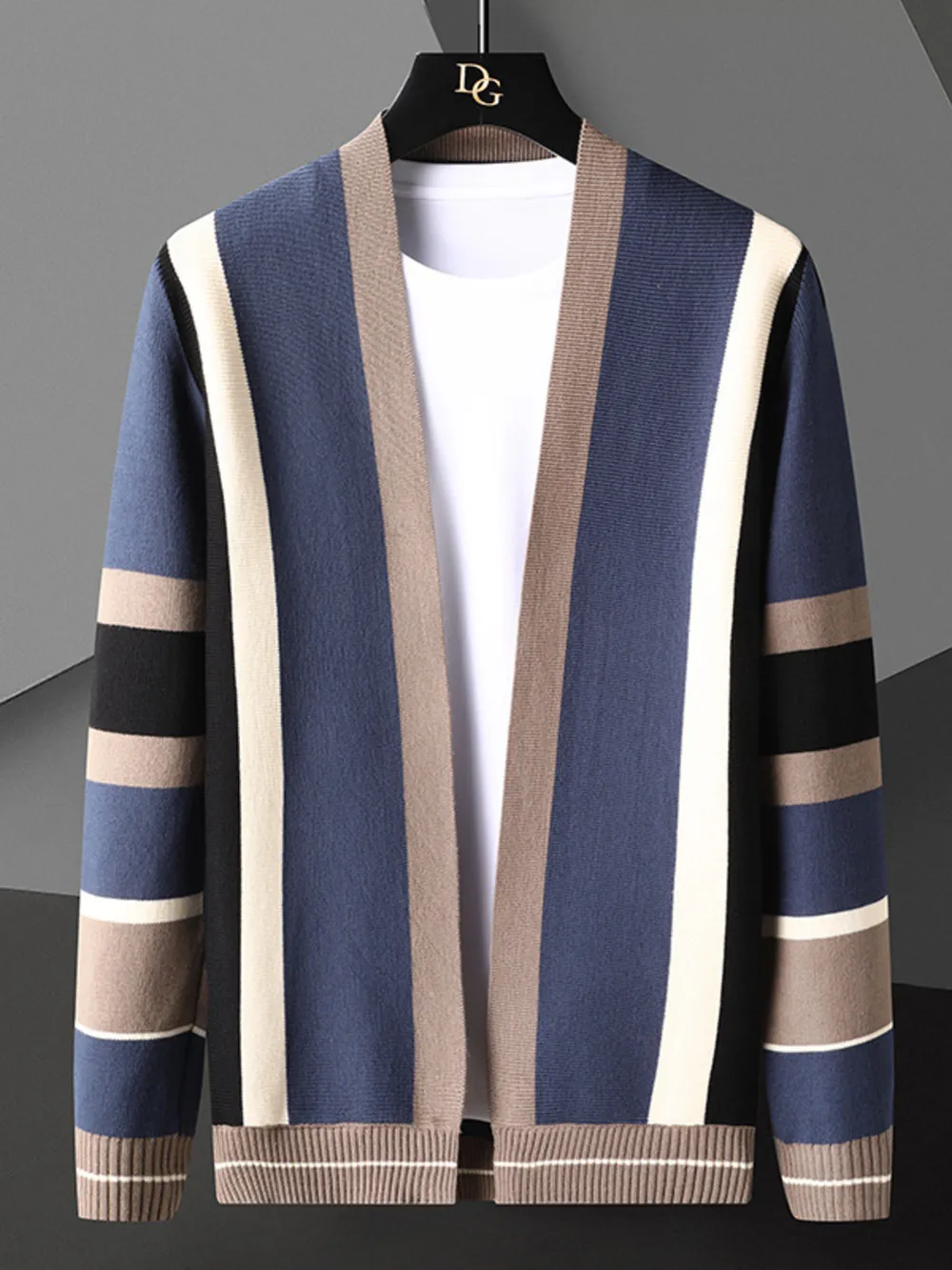 Men's Plus Size Striped Open Front Knit Cardigan