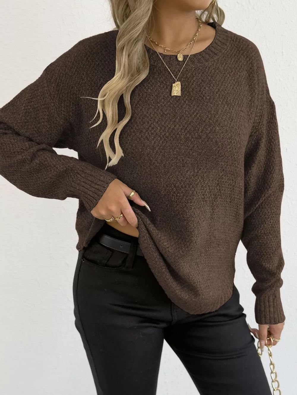 Textured Knit Relaxed Fit Round Neck Sweater, image 11