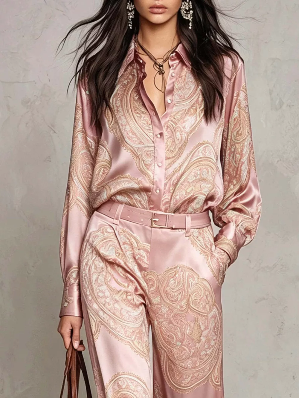 Paisley Print Long Sleeve Shirt and Wide-Leg Pants Set, image 15
