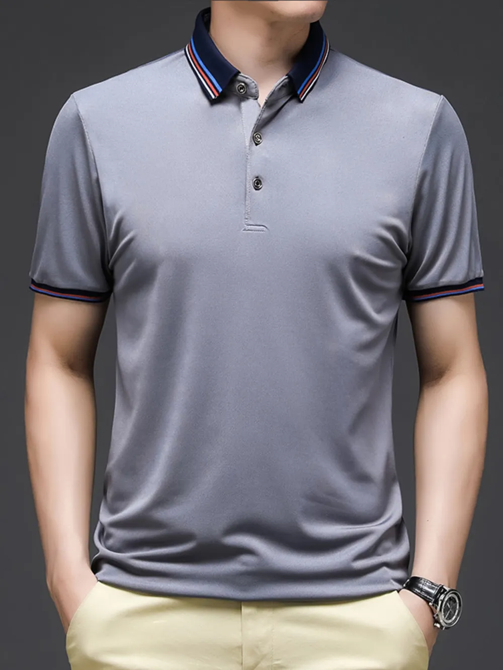 Men's Plus Size Contrast Striped Collar Short Sleeve Polo, image 4