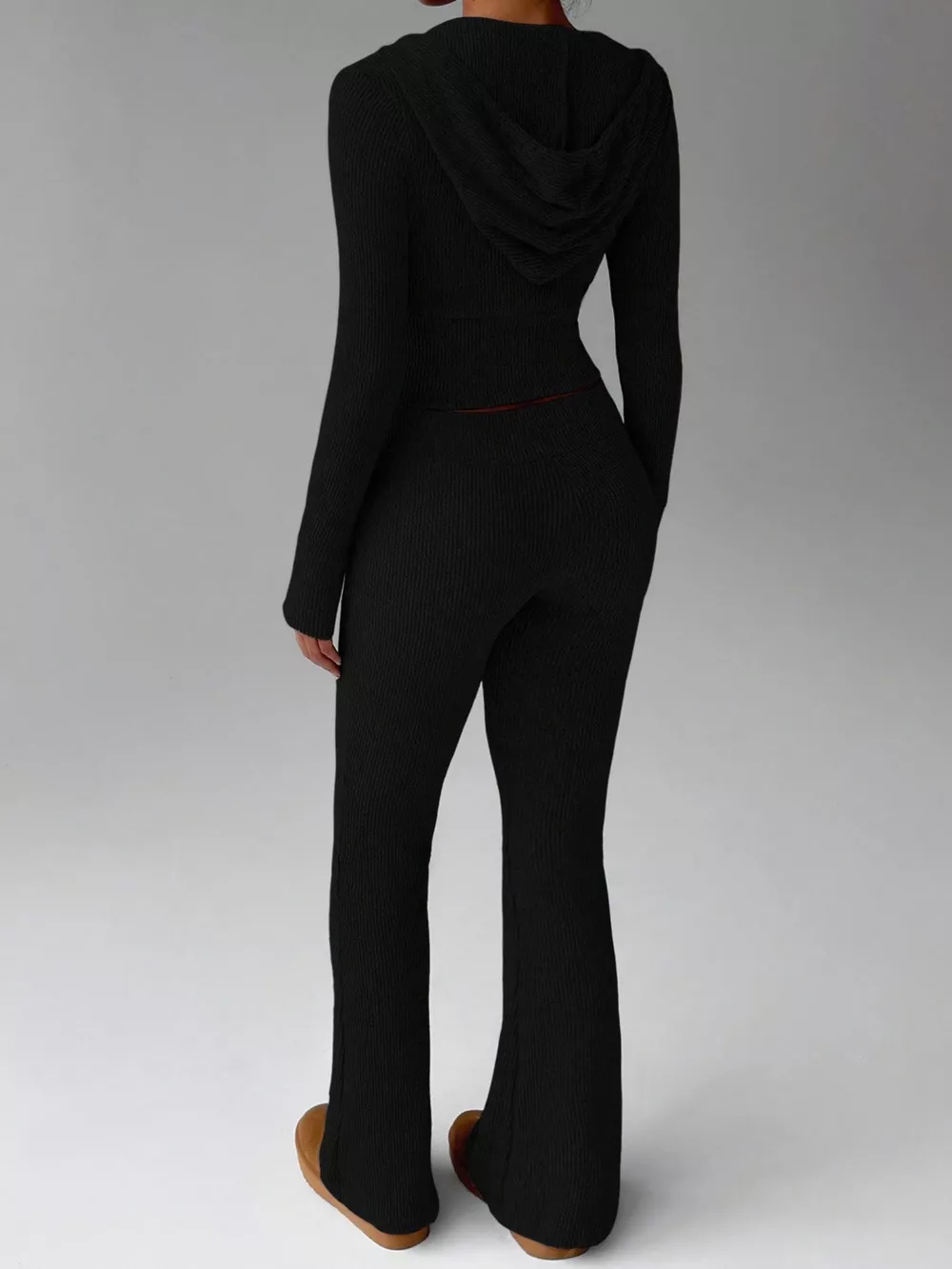 Ribbed Knit Zip-Up Hooded Top and Flared Pants Set, image 14