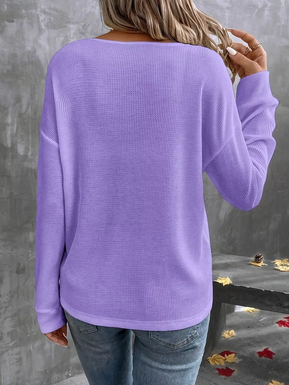 Plus Size V-Neck Long Sleeve Waffle Knit T-Shirt, image 7