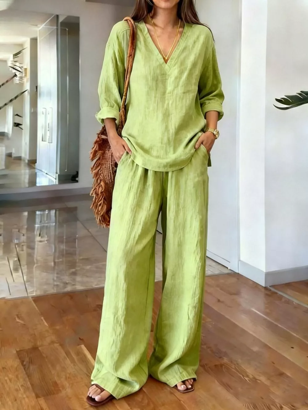 V-Neck Top and Wide-Leg Pants Set, image 6