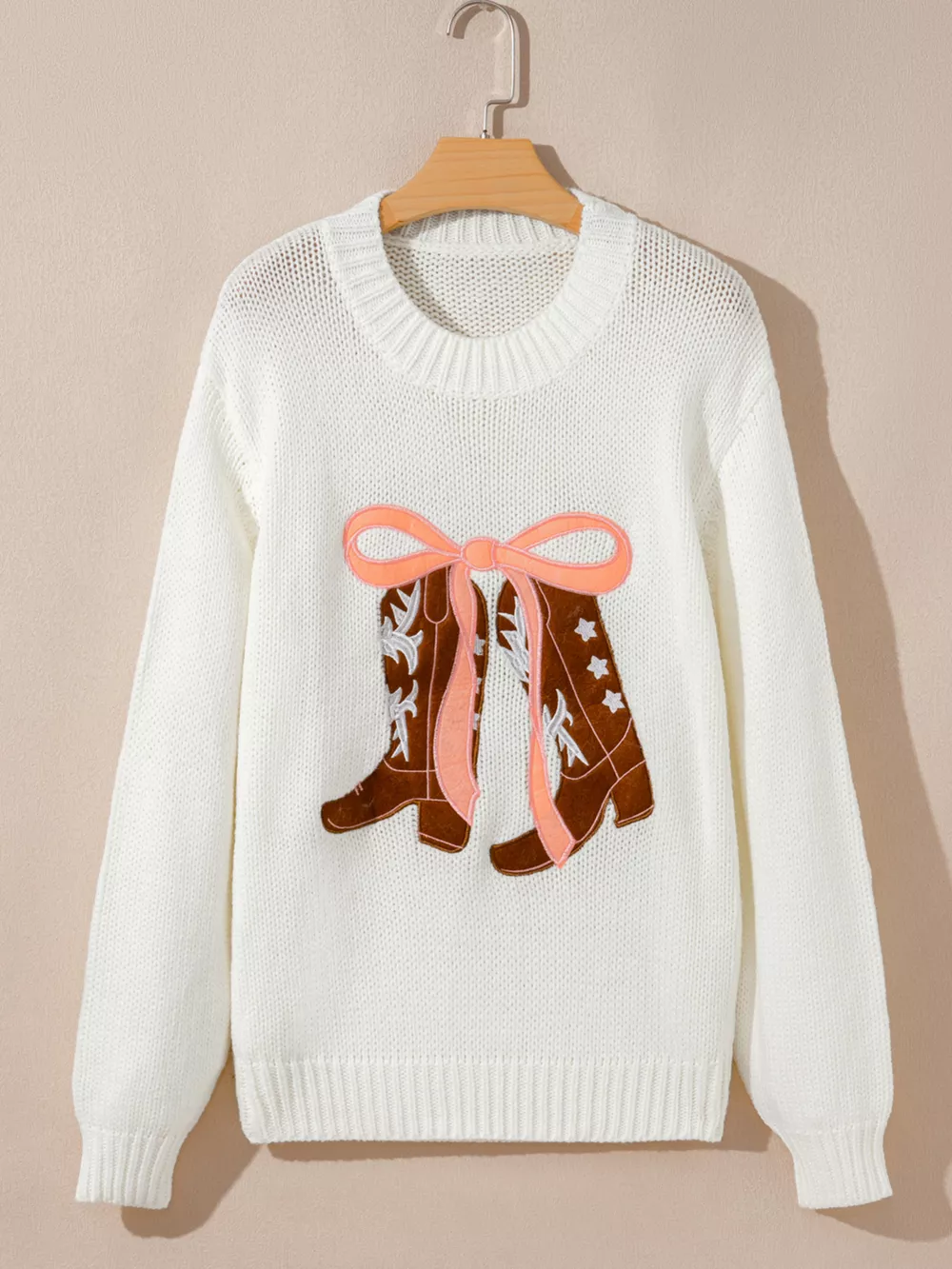 Embroidered Bow Boots Graphic Drop Shoulder Sweater, image 4