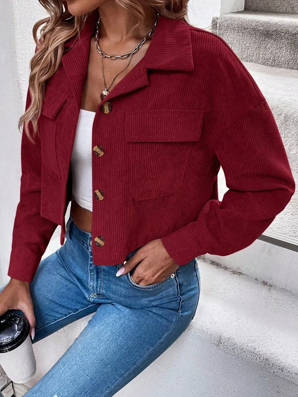 Cropped Corduroy Button-Down Jacket, image 18
