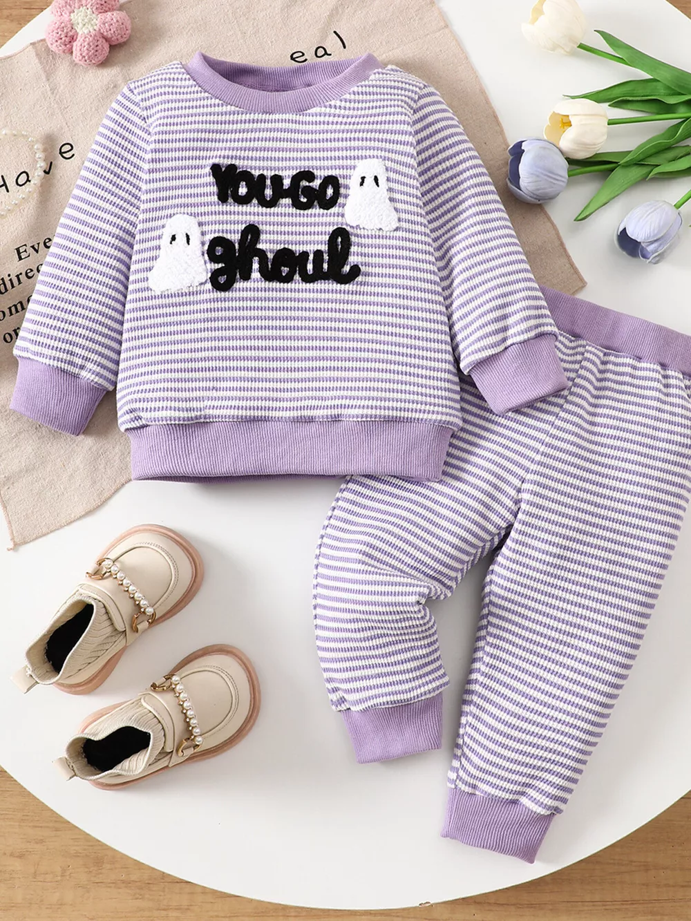 Children's Halloween Striped Ghost Top and Pants Set, image 2