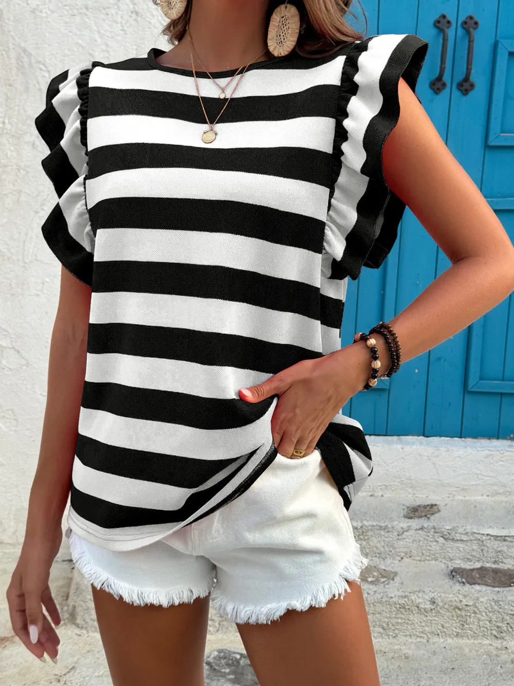 Contrast Striped Ruffle Sleeve T-Shirt, image 4