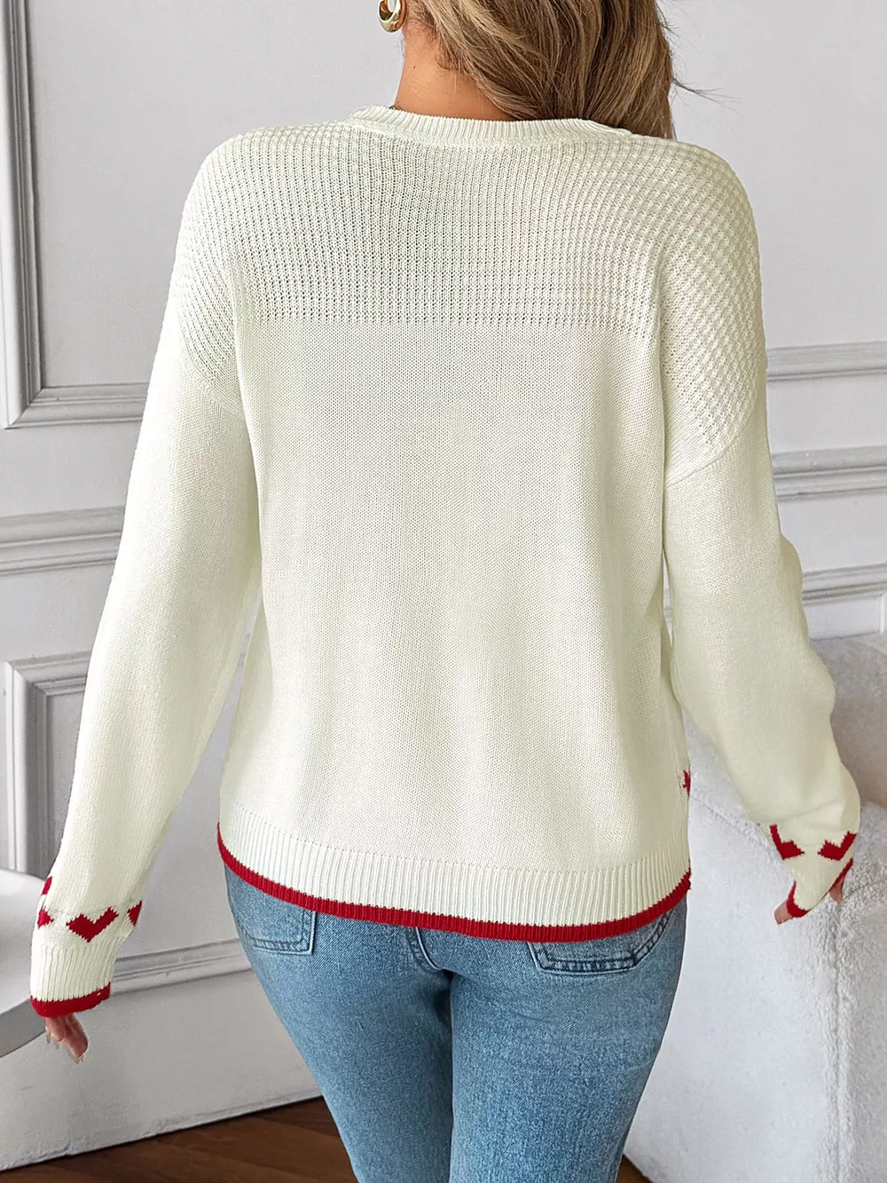 Heart Pattern Dropped Shoulder Sweater, image 3