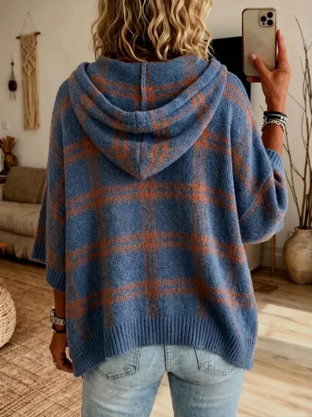 Plaid Hooded Knit Sweater, image 2