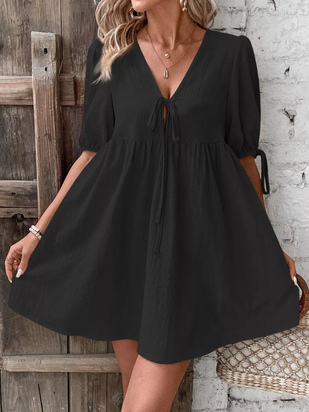 Tie Front Puff Sleeve Mini Dress, image 4