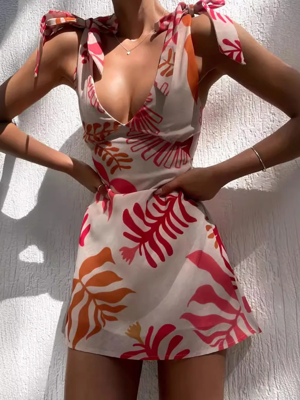 Printed Tie-Shoulder Mini Dress