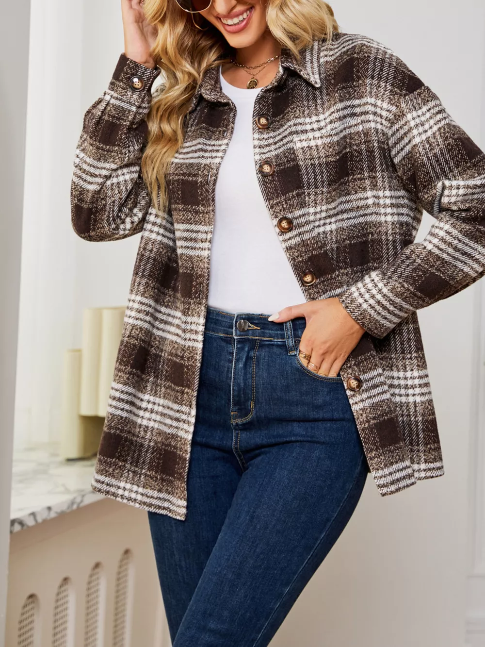 Plaid Button Up Long Sleeve Shacket, image 4