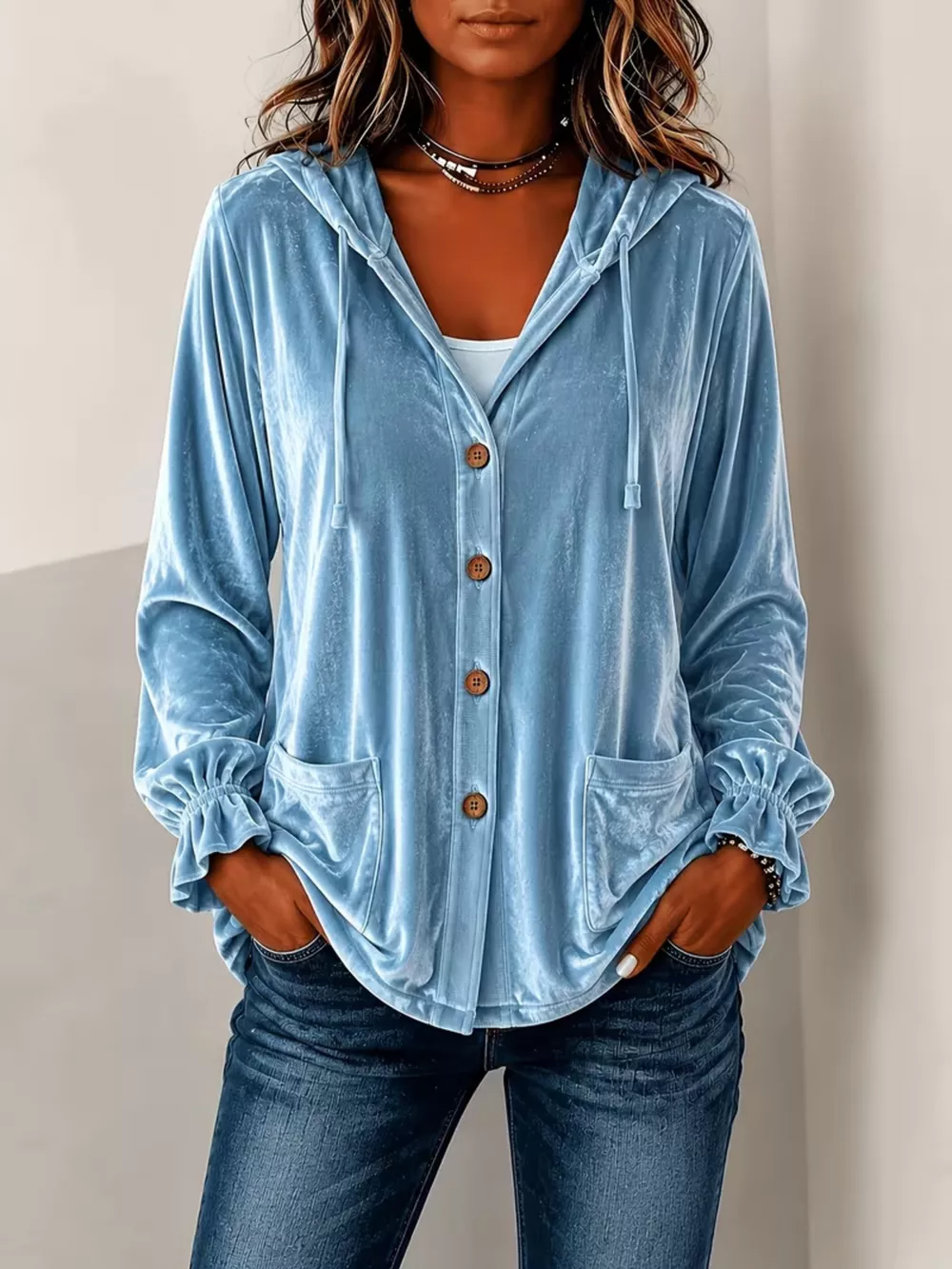 Full Size Velvet Button-Down Hooded Outerwear Plus Size, image 5