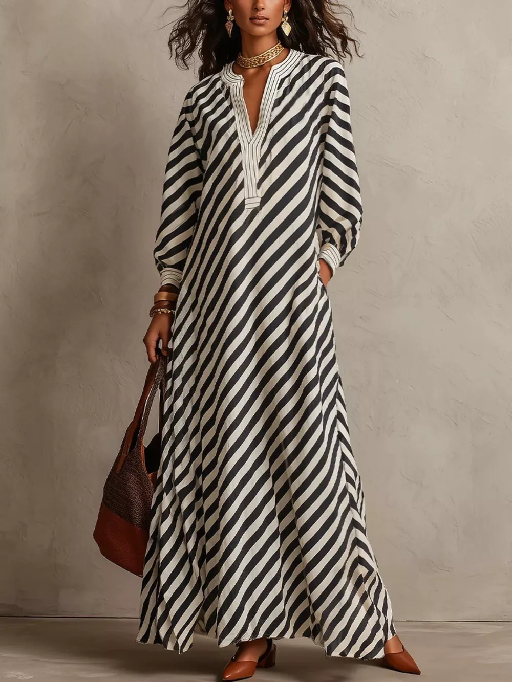 Striped Long Sleeves Maxi Dress