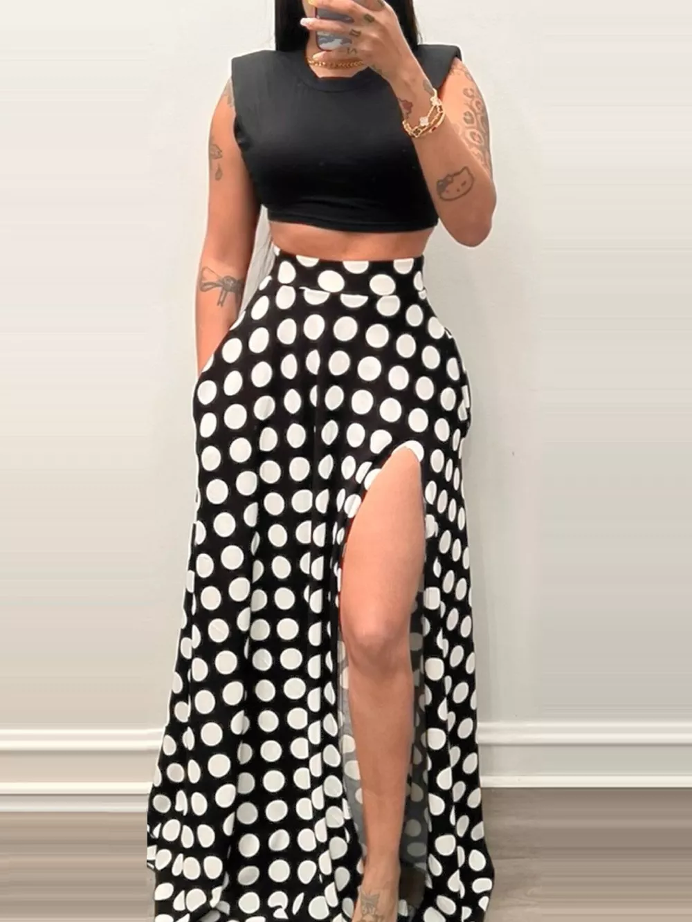 Polka Dot High Slit Maxi Skirt, image 2