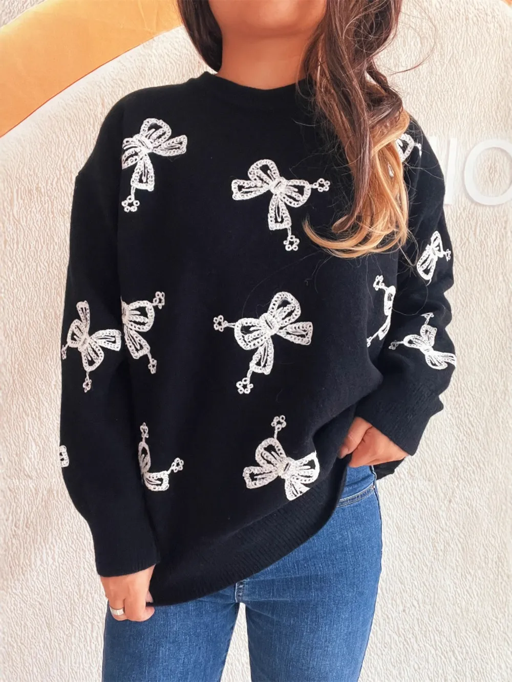 Bow Round Neck Long Sleeve Sweater, image 4