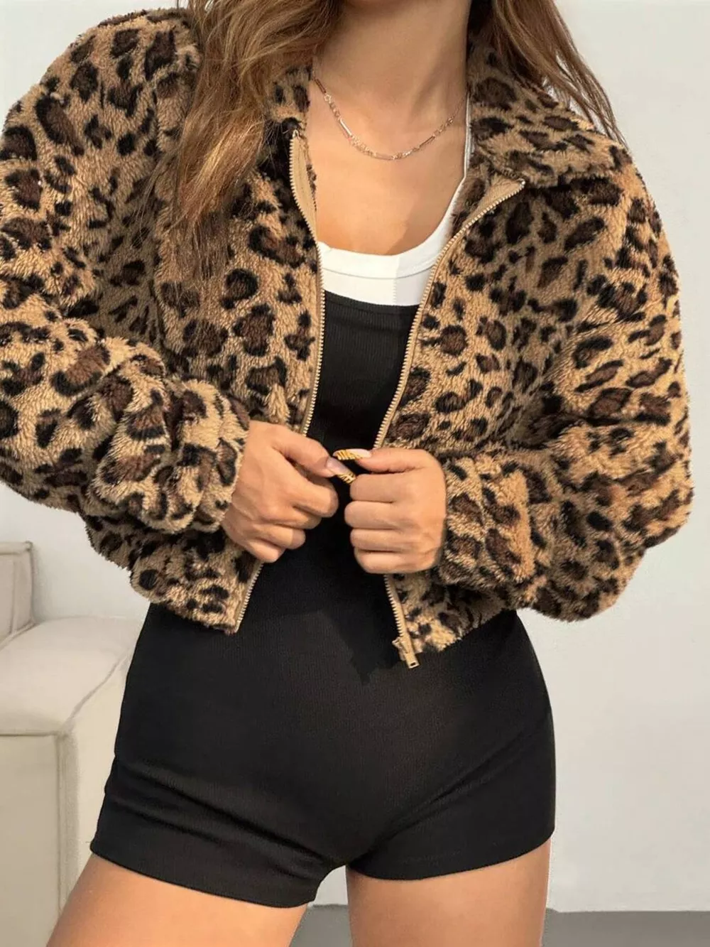Leopard Print Fuzzy Cropped Jacket, image 2
