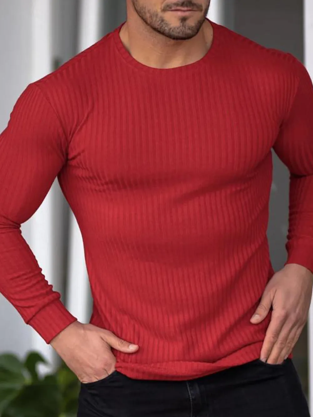 Men's Ribbed Round Neck Long Sleeve T-Shirt, image 5