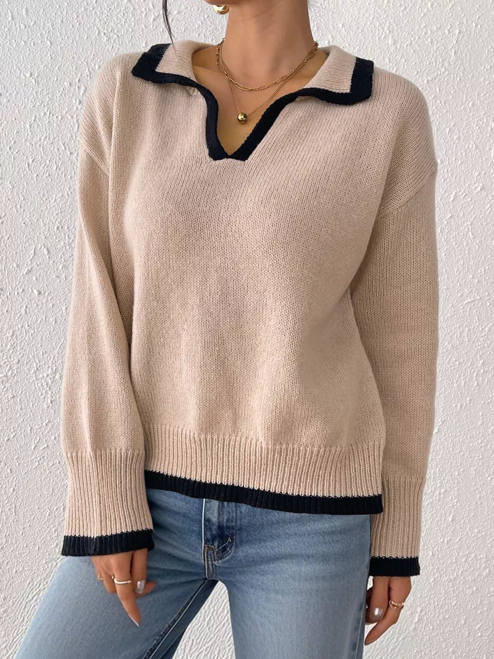 Contrast Trim Polo Collar Sweater, image 10