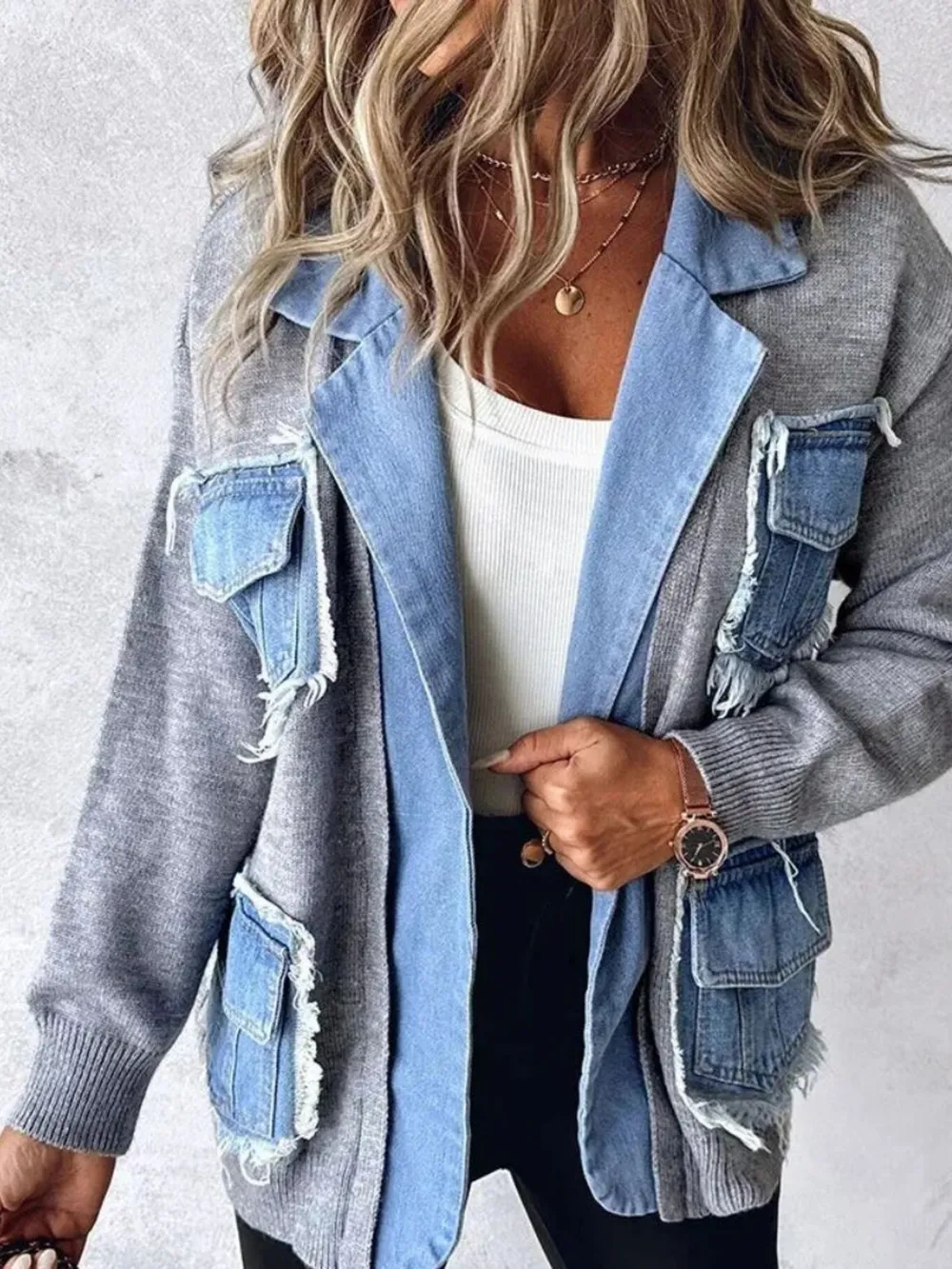 Raw Hem Denim Pocket Patchwork Cardigan, image 4