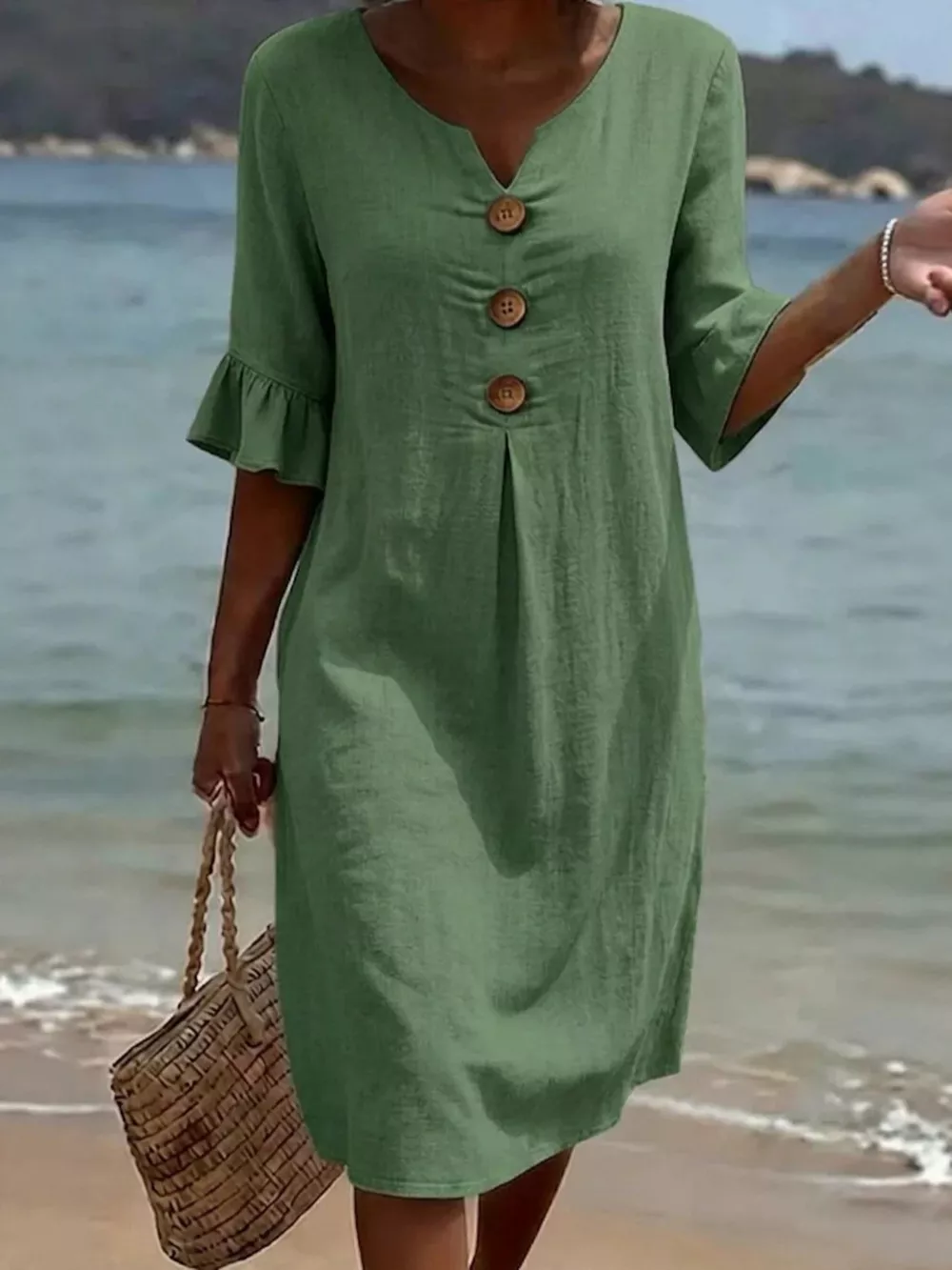 Full Size Casual Decor Button Dress with Ruffle Sleeves Plus Size, image 9