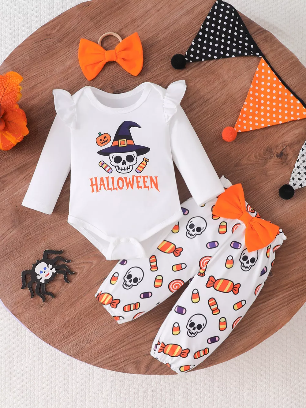 Children's Halloween Skull Print Long Sleeve Bodysuit and Pants Set with Bow Headband, image 2