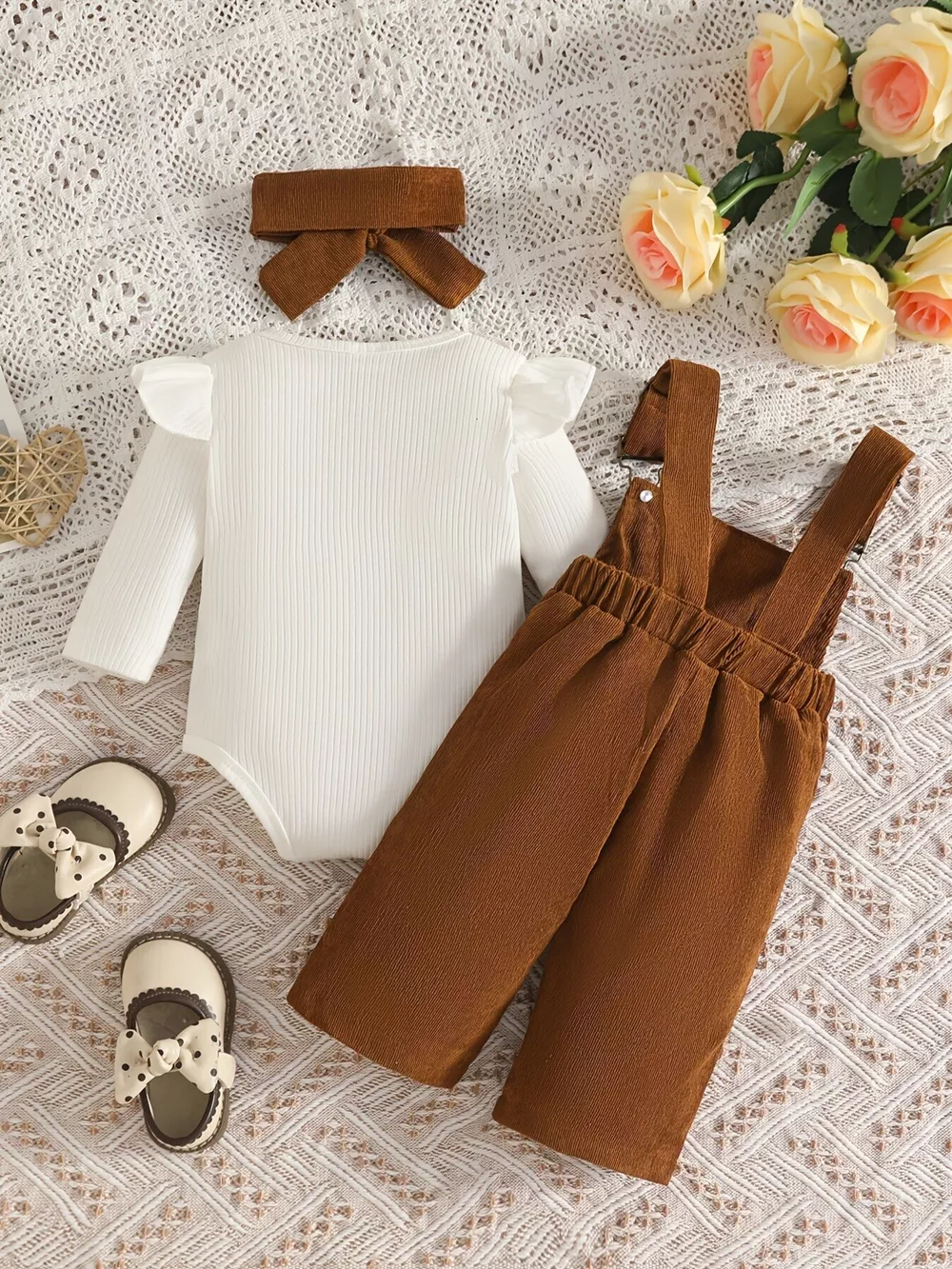 Children's Ribbed Bodysuit and Bow-Embroidered Overall Set with Headband, image 13