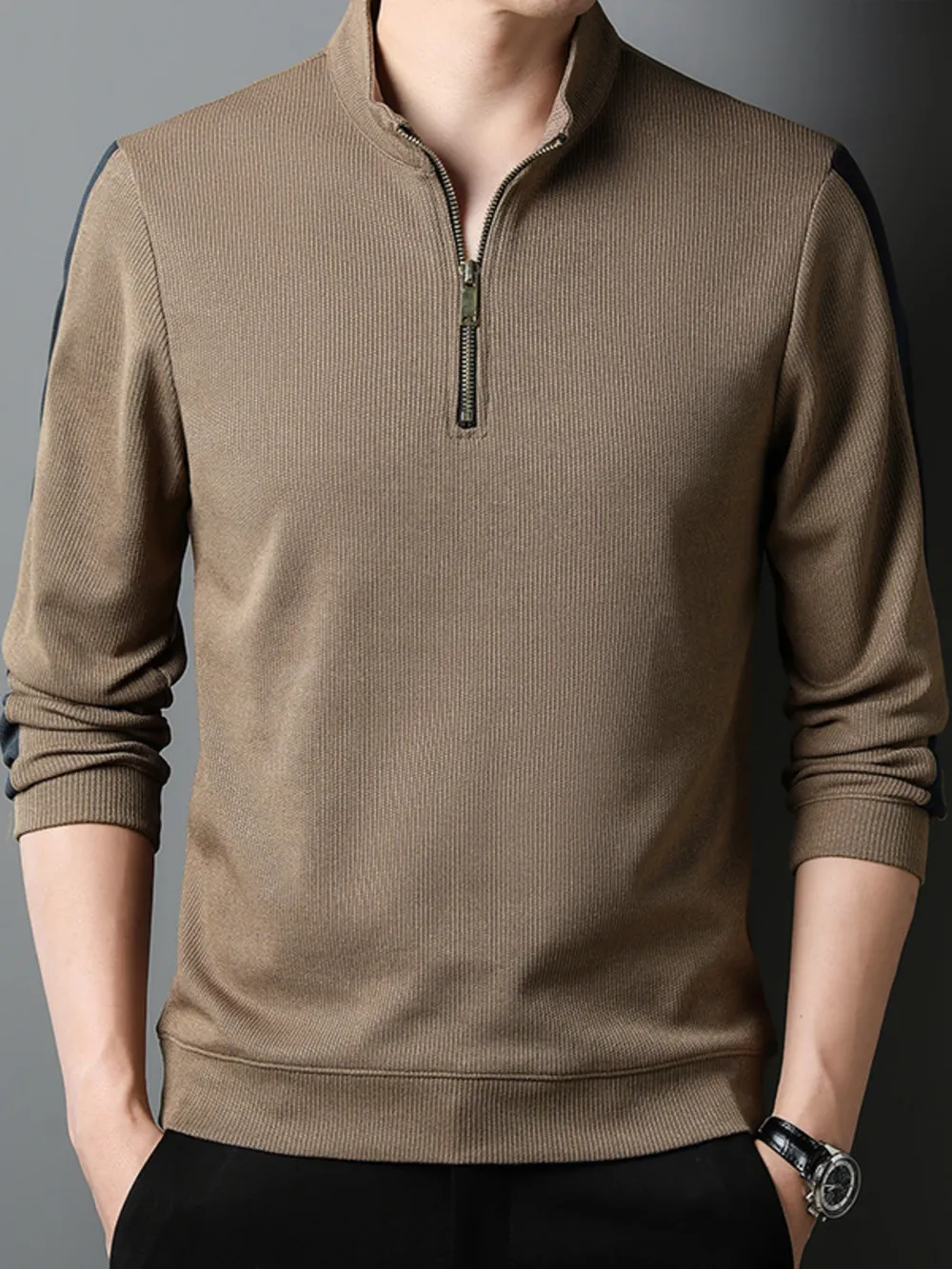 Men's Plus Size Quarter Zip Long Sleeve Polo, image 11