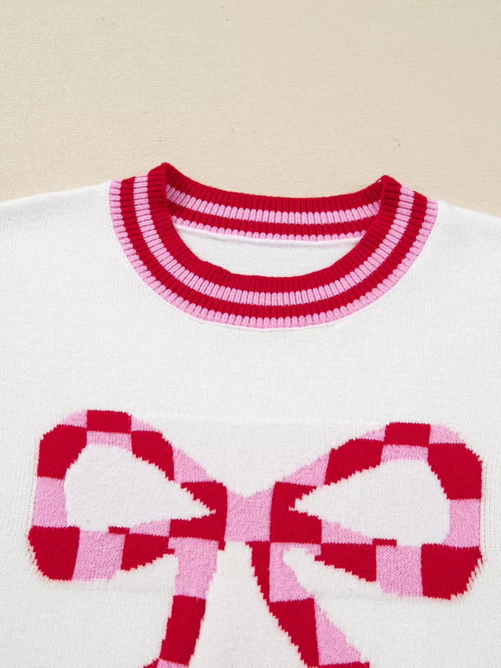 Striped Trim Bow Graphic Round Neck Drop Shoulder Sweater, image 5